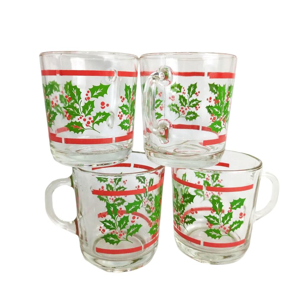Set of 4 Vintage Durax Christmas Holly Tempered‎ Glass Mugs Argentina Holiday